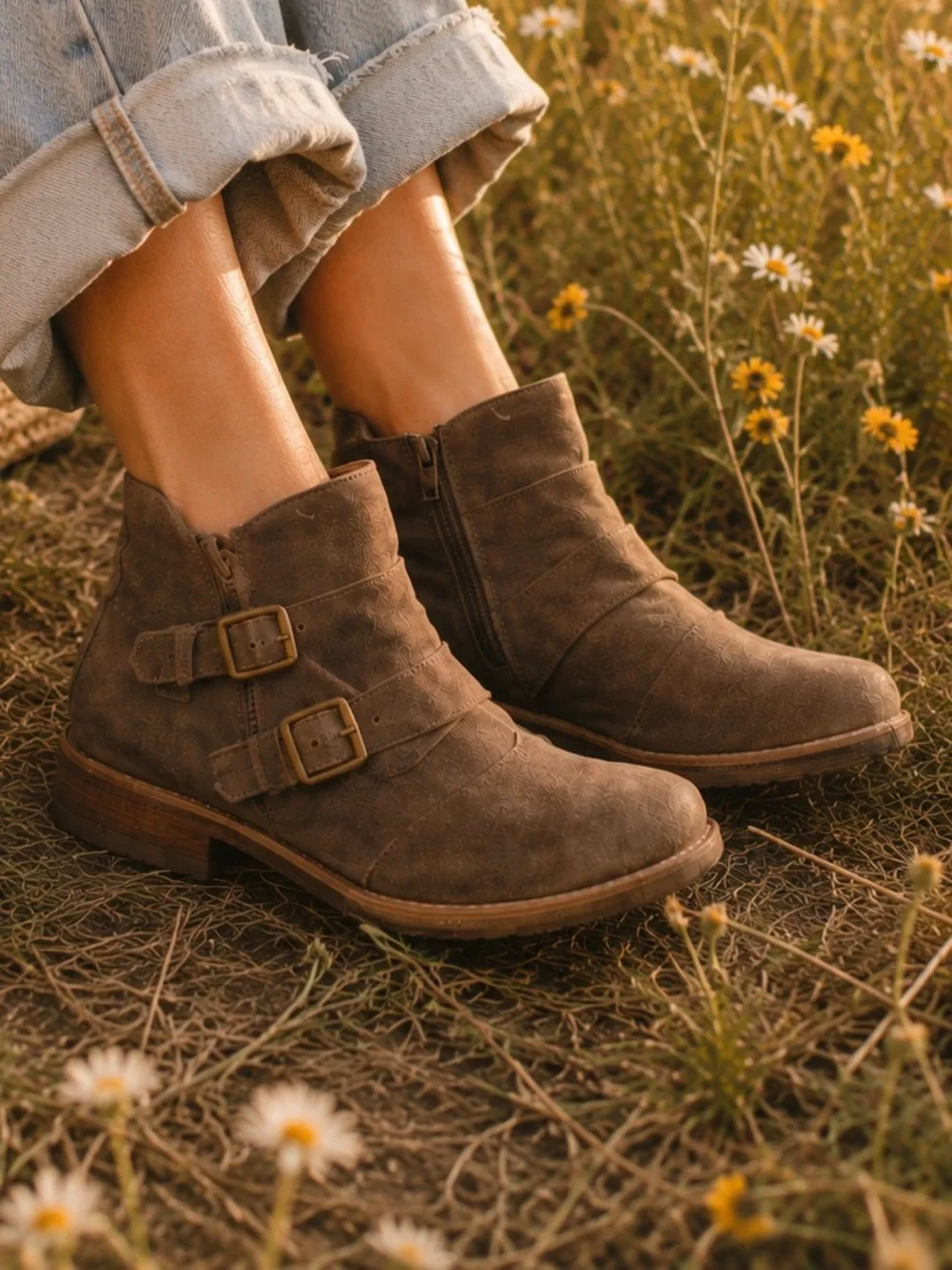 Born Brown Taupe Suede Ankle Boots with Brass Buckle Detail Woman’s Size 8